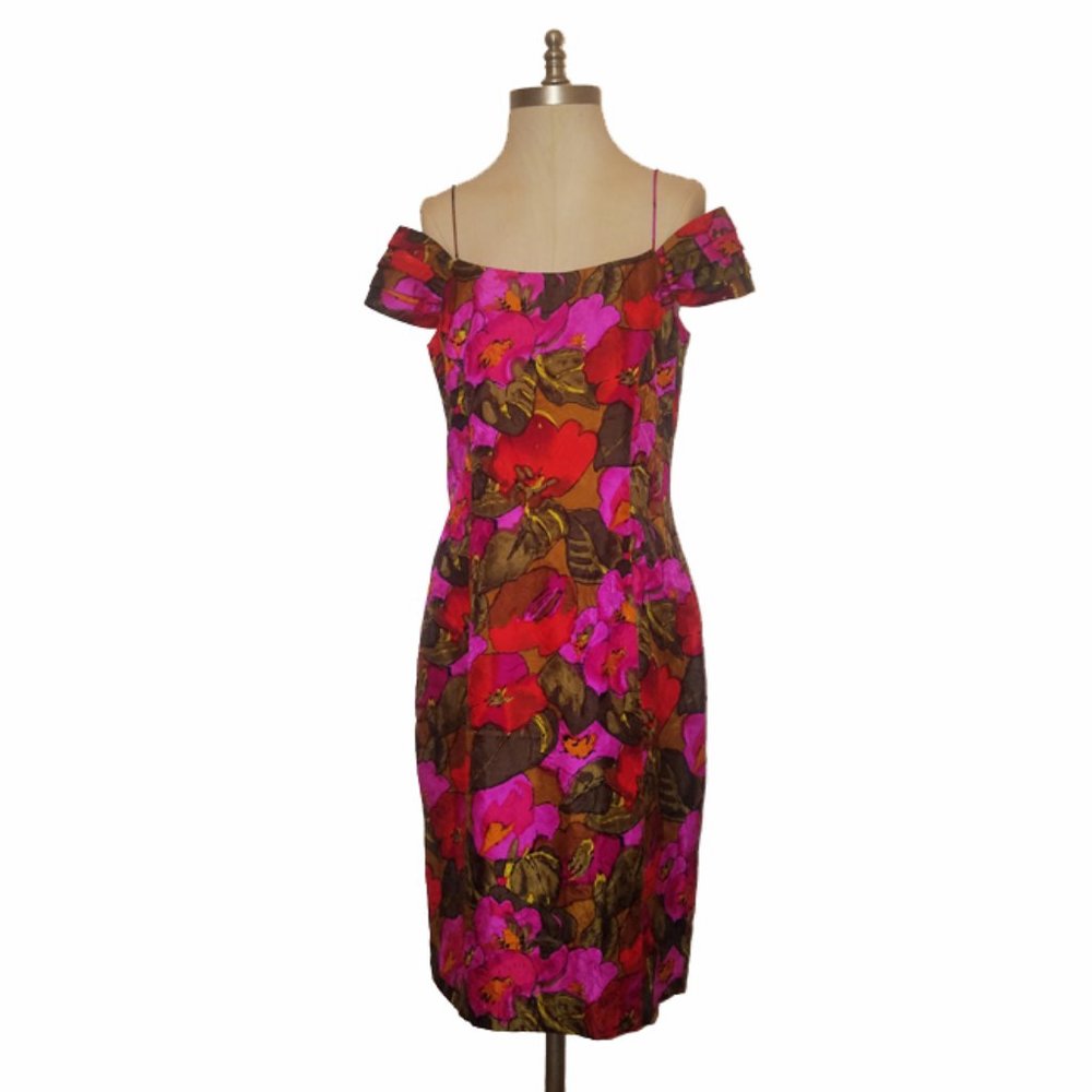 Vtg 80s Gillian Off Shoulder Floral Silk Dress 12